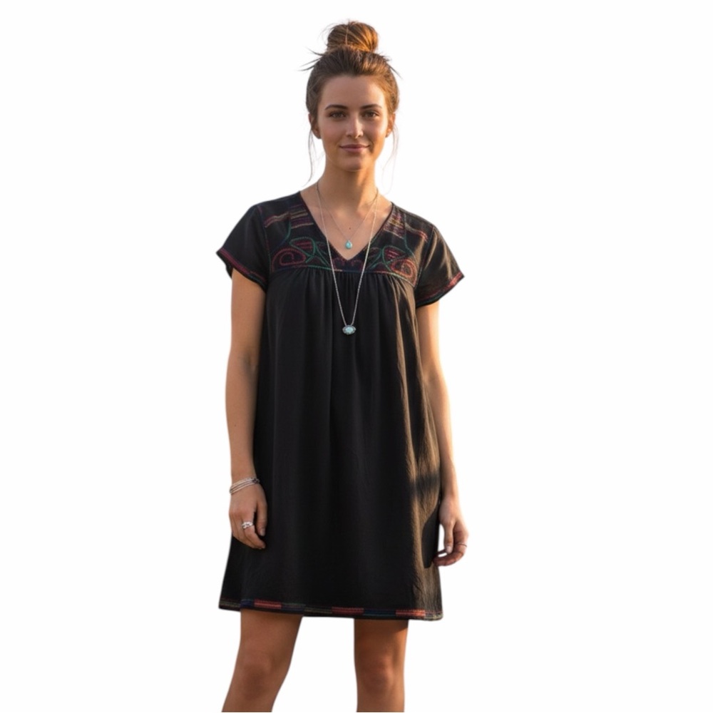 Madewell Silk Embroidered Boho Mini Dress Black Xxs Indie Cottagecore Folk